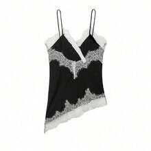 Seelio Nuevo Top de estilo lencería sexy con decoración de encaje, estilo europeo y americano, para mujer, color negro, para verano - En blanco y negro - Ver 3