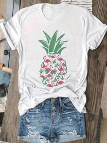 Camiseta gráfica Talla grande - Talla grande - Camiseta de mujer de talla grande con estampado gráfico de piña y flamenco | Manga corta cuello redondo, casual, blanca con diseño tropical rosa y verde, lavable a máquina, cómodara todo el año, ropa de verano, estilo relado, tela suave 100% aodón puro - Blanco - Ver 2