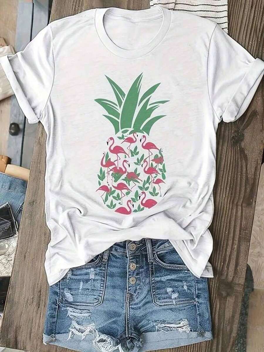 Camiseta gráfica Talla grande - Talla grande - Camiseta de mujer de talla grande con estampado gráfico de piña y flamenco | Manga corta cuello redondo, casual, blanca con diseño tropical rosa y verde, lavable a máquina, cómodara todo el año, ropa de verano, estilo relado, tela suave 100% aodón puro