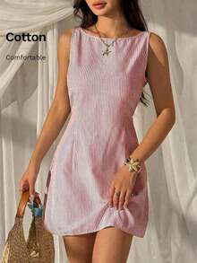 Vestido mini sin espalda y sin mangas con rayas azules tejido para mujeres - Rojo y blanco - Ver 6