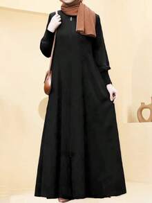Casual Solid Color Long Zip Pocket Dress, Suitable For Daily And Holiday Wear Black Spring Fall - Black - View 3