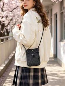 運動風戶外肩背包 - 女款純色斜背手機包附拉鍊口袋 | 休閒極簡零錢包與耳機收納袋 | 輕量 Ins 風布製托特包，適合跑步、旅行與校園生活 | 多功能斜背包，可收納手機、錢包與日常配件 - 黑色 - 查看 9