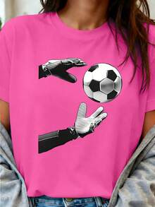 Limited Edition Short-Sleeved T-Shirt With A Round Neck And A Goalkeeper Glove Print, Women's Apparel. The Dynamic Design Depicting The Moment A Goalkeeper Catches A Ball Highlights Athletic Energy And Individuality. Suitable For Sports Enthusiasts, As A Gift For Players, A Birthday Present, For Team Events, College Sports Festivals, Or As An Outfit For Watching Games. Casual And Stylish, Urban Style, Showing A Love For Soccer And Highlighting Unique Individuality. Comfortable And Breathable Fabric, Creating A Personalized Look. Lightweight Cotton. - 白色 - 查看 11