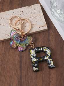 1pc A-Z Black Glitter Letter & Butterfly Keychain, Initial Resin Keyring, Holographic Butterfly Bag Charm, Car Key Accessory, Fashion Aesthetic Gift For Girls - Black - View 21