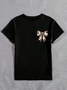 1 Piece Casual Fashion For Men And Women, Short Sleeve Blouse With Round Neck And Turquoise Bow Print Western Style For Women, Gift For Mom, Versatile Short Sleeve Blouse Western Cowgirl Style, Easy To Match, For Daily Wear, Urban Style, Holiday Wear, Weekend Wear. - 黑色 - 查看 3