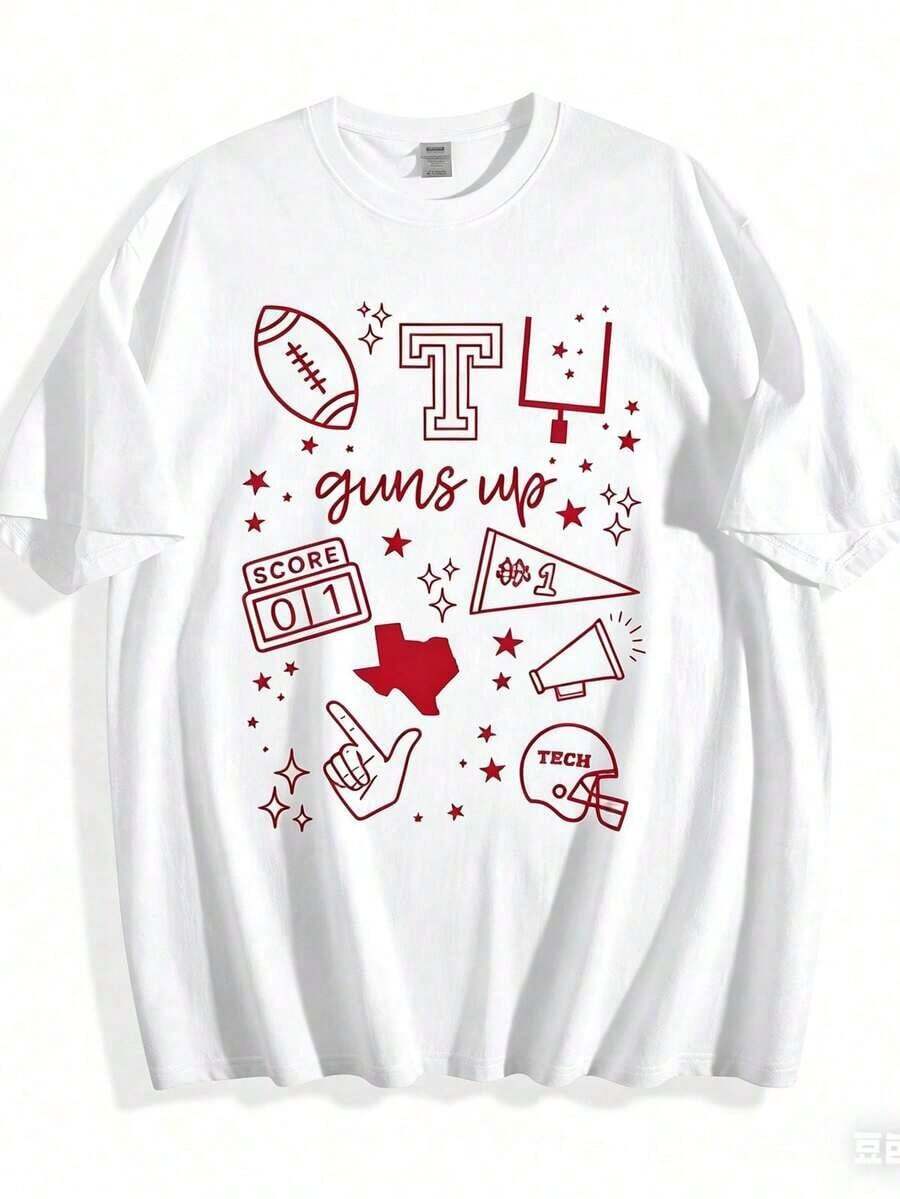 Camiseta de algodón 100% con diseño estampado informal para mujer, estampado gráfico 2D con temática de fútbol americano, camiseta blanca con motivos rojos de Texas Tech, incluyendo portería de fútbol, casco y adorno colgante acrílico con forma de mano para el día del partido y eventos de pre-partido, regalo navideño para aficionados al deporte, tops de verano, atuendos diarios para mujer, adecuada para primavera, verano y otoño. - Blanco - Ver 1