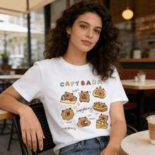 Tops para mujer Casual de Algodón para Mujer con Estampado de Capibara, Manga Corta y Cuello Redondo - Blanco - Ver 5
