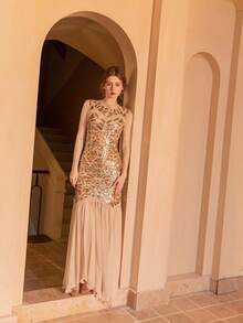 Women's Long Party Dress With V-Neck, Sequin And Lace Embroidery On The Top, Flowing Chiffon Skirt, Various Colors (Green, Black, Red, Champagne), Ideal For Banquets And Formal Events. - 杏色 - 查看 2