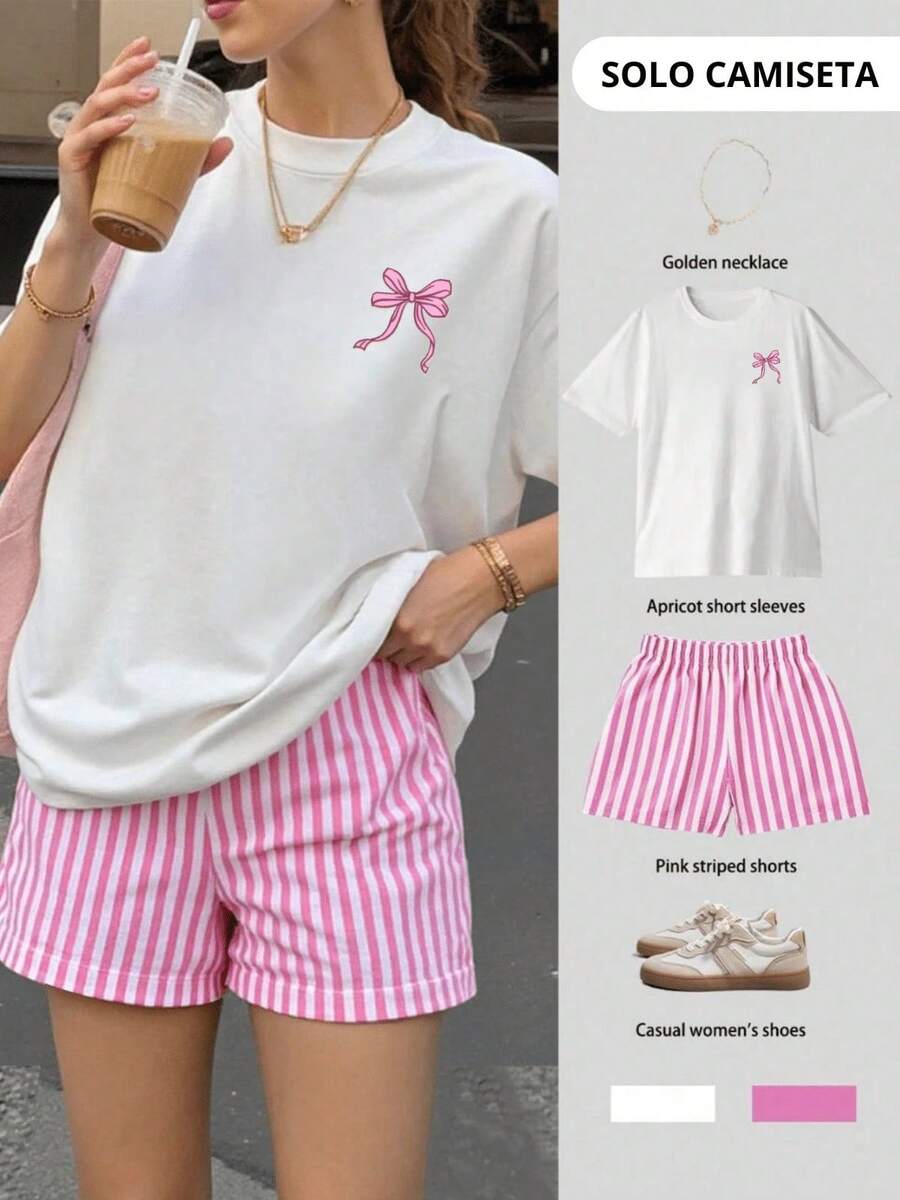 Elegant Blouses For Women, Women's Blouses, Women's T-Shirts. Short-Sleeved Blouse With Round Neck And Bow And Letter Print, Loose Fit, For Summer, Graphic T-Shirt For Vacation And Going Out. Pure Cotton Short-Sleeve Shirt - 白色的 - 查看 1