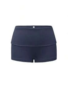 cortos de mujer Vaiaye de unicolor, ajuste delgado, cintura baja, mini shorts, estilo minimalista, adecuados para verano, playa bohemia, fiesta y uso diario - Azul marino - Ver 3