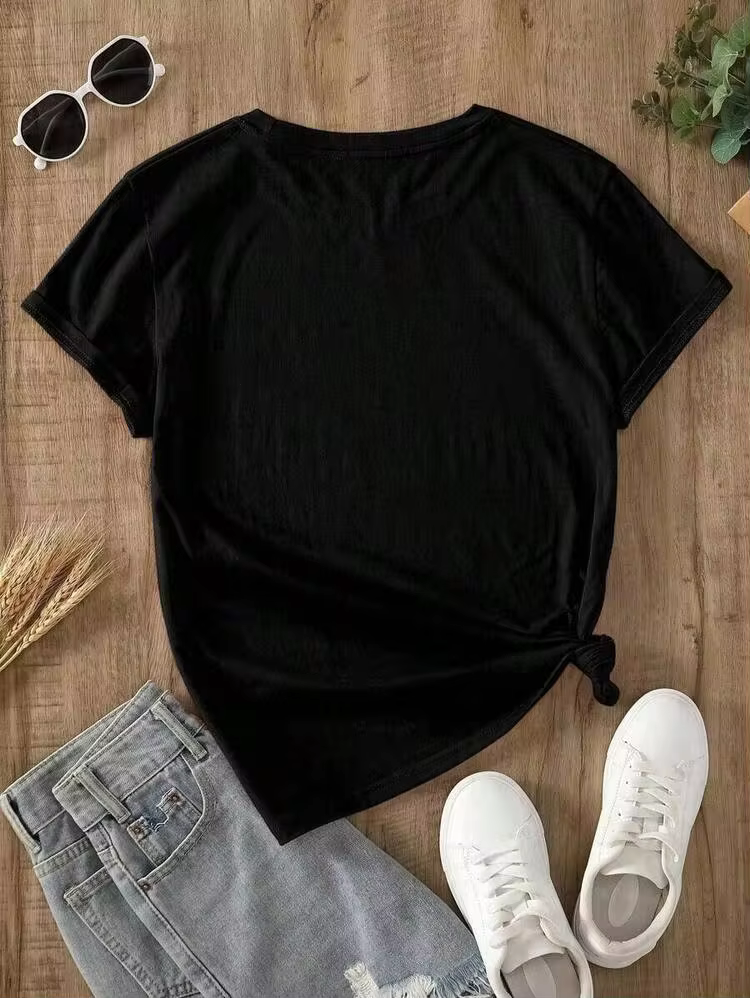 SimpleAndVersatileDesign 1 Piece Women's T-Shirt, Casual Loose Fit, Holiday T-Shirts, Letter Print T-Shirts, Printed T-Shirts For Women, Cotton T-Shirt - 黑色 - 查看 2