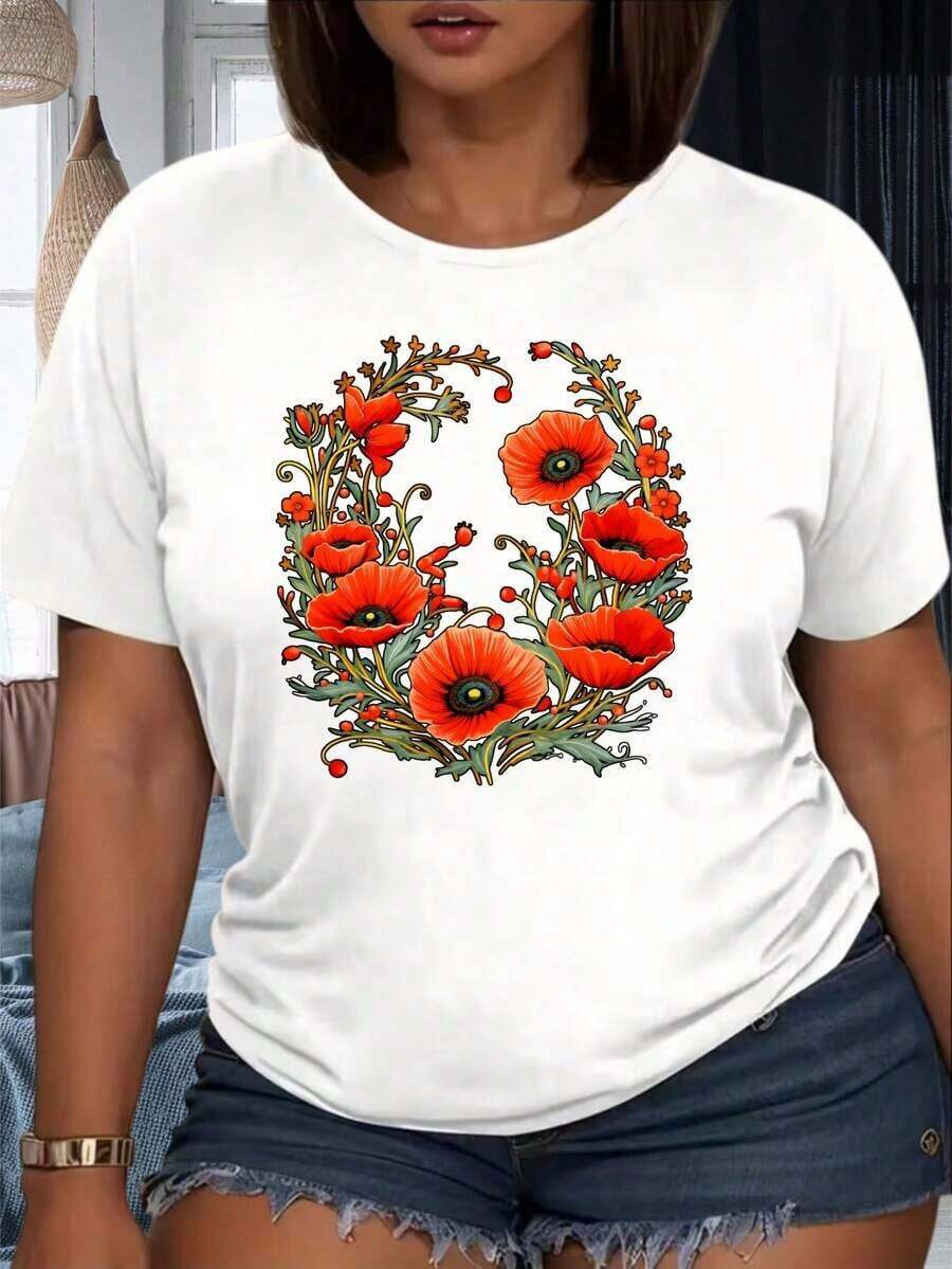 Camiseta Blanca Casual para Mujer con Diseño de Flor de Amapola, Top de Moda de Verano, Atuendo para Fiesta, 220g, 100% Algodónropa de calor mujer - Blanco - Ver 1