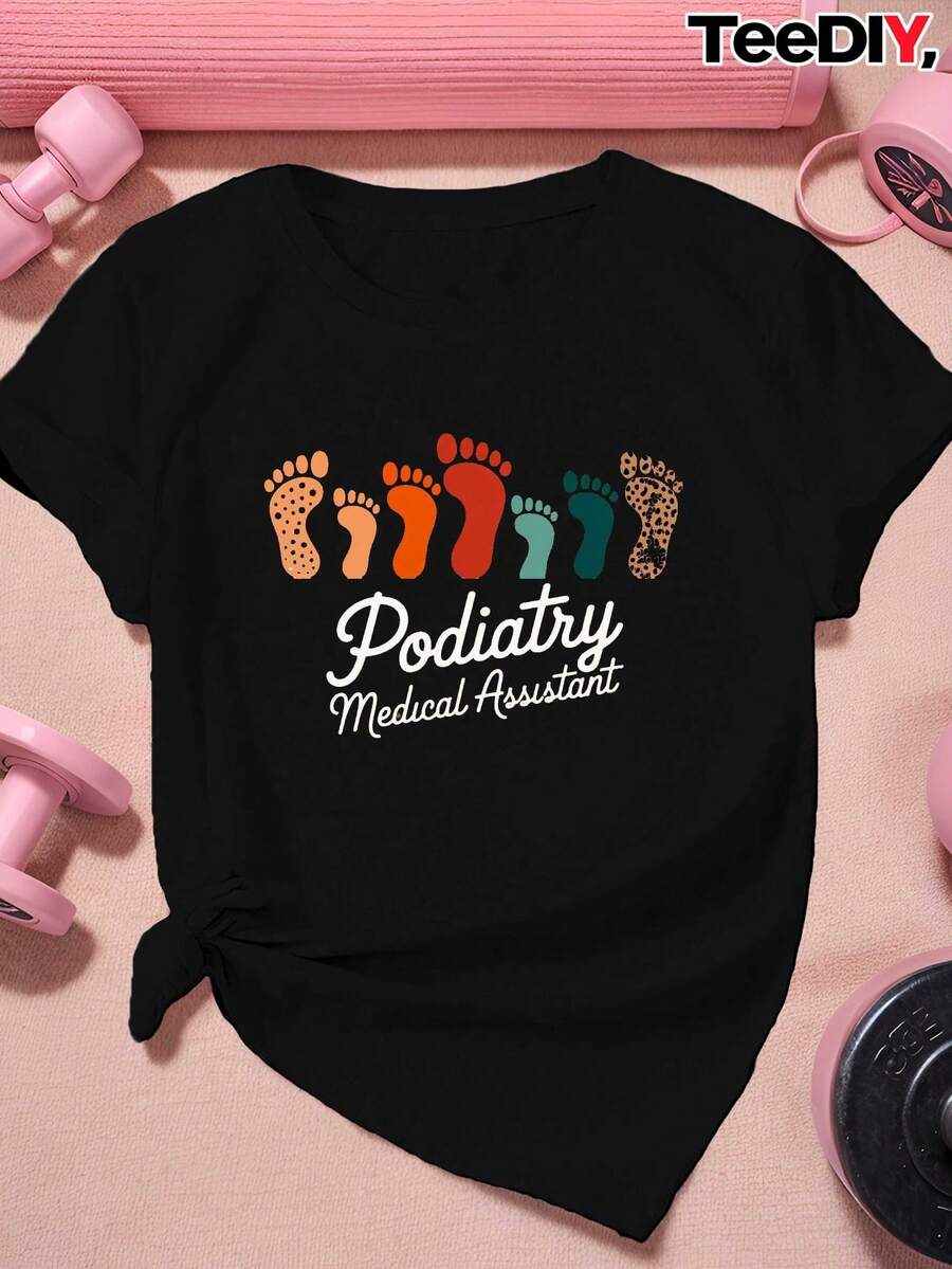 Women's Podiatry Assistant T-Shirt - Short Sleeve, Round Neck With Multicolor Footprints (Green/Yellow/Beige/Pink) - Podiatry Office Workwear, Casual Clinic Coat, Suitable For All Seasons - 黑色 - 查看 1