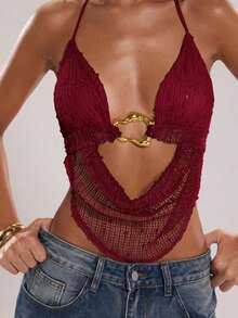 Top sin espalda con halter bordado de encaje y cuentas, apropiado para vacaciones en la playa - Burdeos - Ver 7