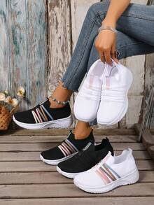 Women'S Slip-On Casual Athletic Shoes, Breathable Mesh Pastel Striped Design Tennis Shoes, All-Season Lightweight ComfortableIndoorOutdoorRunningShoes - 白色 - 查看 7