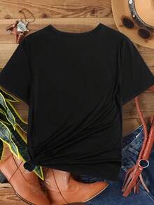 Camiseta Casual de Manga Corta para Mujer, Color Naranja con Estampado de Doble Corazón, Ligera y de Cuello Redondo para Verano - Negro - Ver 2
