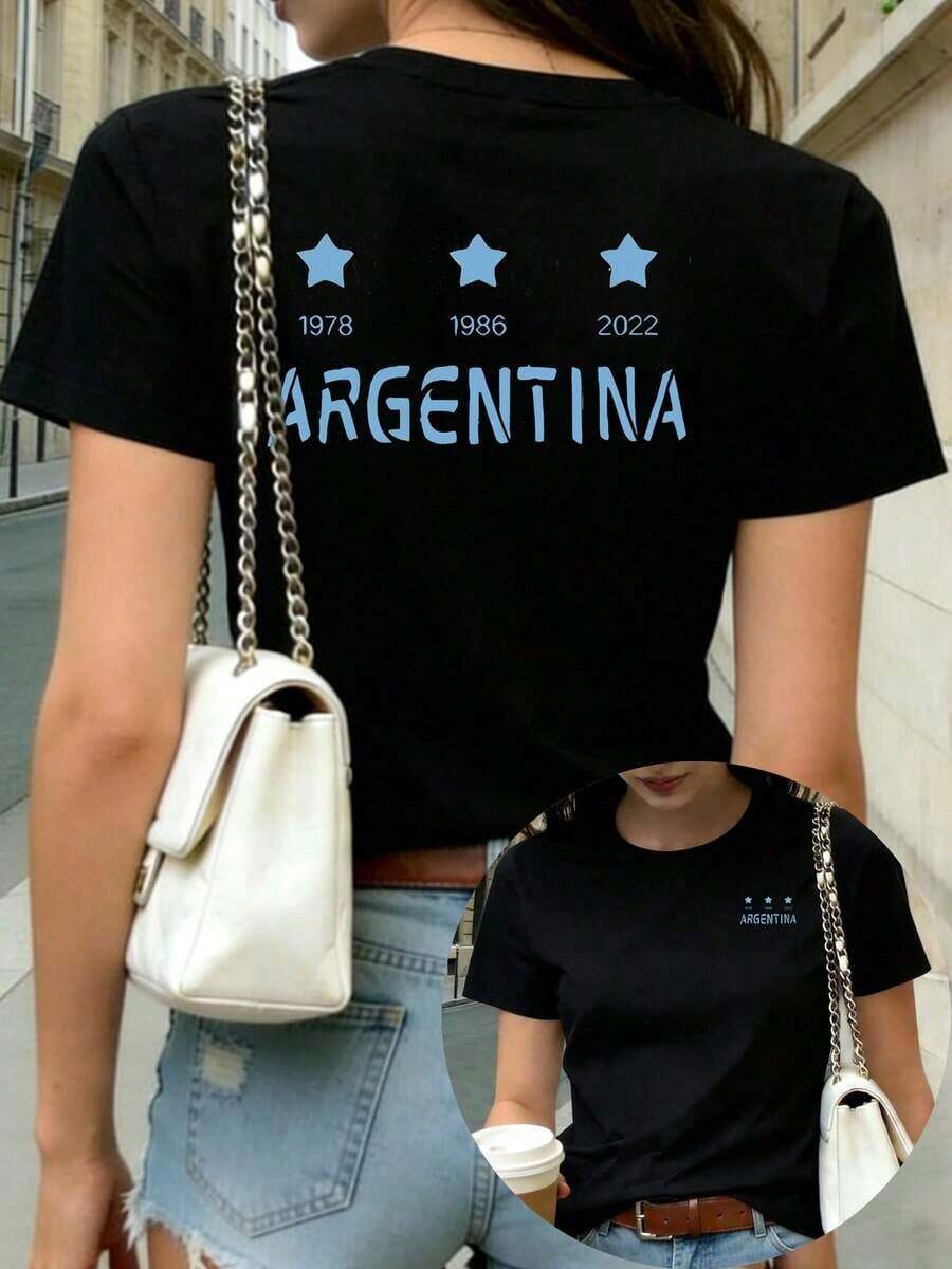 Camiseta Casual PremiumMommy And Me para Mujer - Camiseta con Estampado Conmemorativo de la Triple Corona de la Copa Mundial de Argentina para Mujer, con Patrón, Cuello Redondo Casual, Manga Corta, Top de Moda de Verano para Mujer, Doble Estampado en la Parte Delantera y Trasera, Camiseta para Uso Diario, Regalo para el Día de la Madre, Ecológica. - Negro - Ver 1