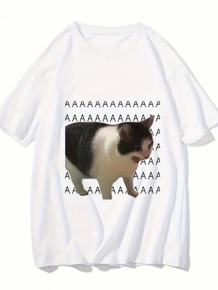 Classic And Fun T-Shirt With Crying Cat Print, For Men And Women, Casual And Comfortable, Machine Washable, For Summer - 白色 - 查看 1