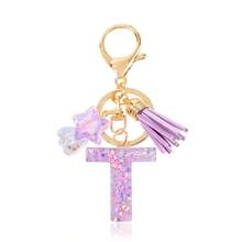 1 Pc Cute Purple Glitter Letter Keychain, Initial Resin Keyring With Tassel & Star Charm, Fashion Aesthetic Purse & Car Key Accessory - Purple - View 19