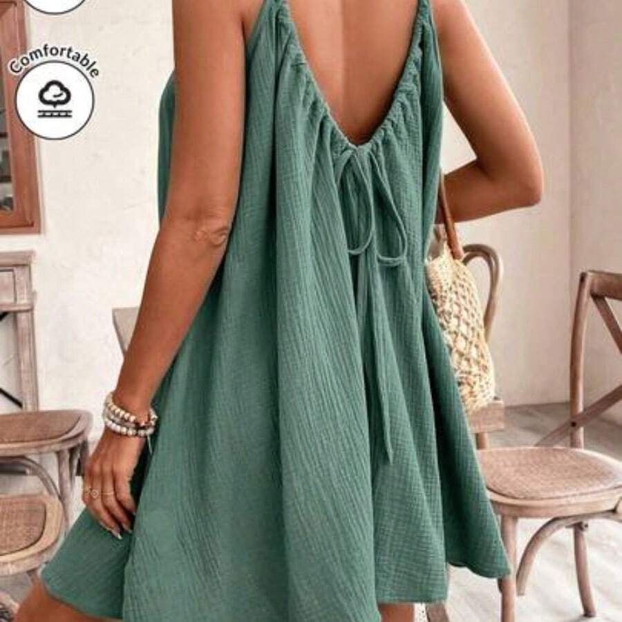 Frenchy Summer Women's Cami Boho Sundress, Green Essential, Summer Outfit, Wedding Season Essential, Cottagecore Drawstring Dress Green Dress Sundress Women Cotton Dress Christmas Casual - Verde - Ver 1