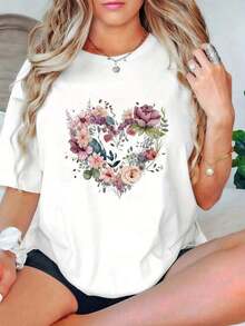 Ropa de mujer: Camiseta de manga corta para mujer con estampado de corazones y flores, cuello redondo, corte holgado, ropa de mujer moderna, lavable a máquina. Blusas Bonito 100% Algodón - Blanco - Ver 6