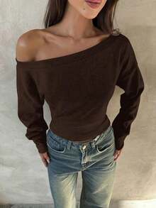 Top de manga larga asimétrico de hombro de punto de color albaricoque para mujer, otoño/invierno - Café integral - Ver 4