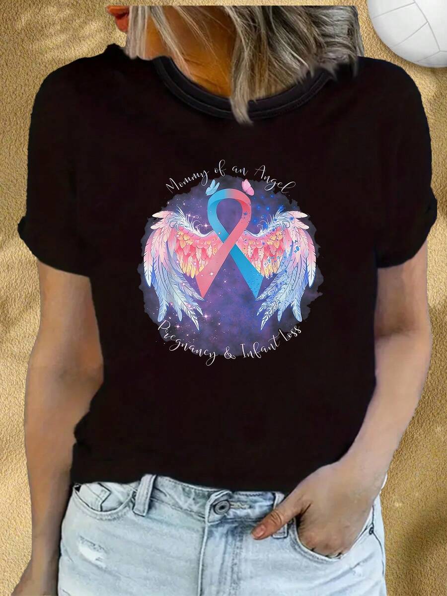 Camiseta con diseño de cinta de alas de ángel rosa y azul, "Mamá de un ángel", para concienciar sobre el embarazo y lérdida. I para eventos conmemorativos y de apoyo. Diseño artístico de sol y luna, suave y transpirable, con cuello redondo.