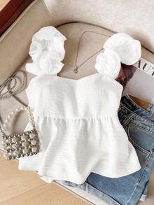 Frenchy Camiseta de tirantes de mujer con volantes de unicolor y parches, con detalle de nudo en la espalda - Blanco - Ver 2