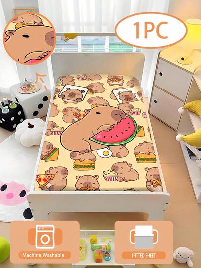 1PC Cute Capybara Fitted Sheet, 110g Polyester, Machine Washable, Cartoon Sports Theme Bed Sheet For Kids Room, Toddler Bed, Baby Crib, Nursery Bed Sheet Edge Height Of 15cm(No Filler)100% Polyester
