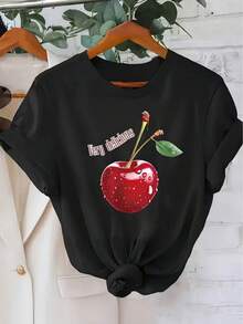 Camiseta casual de manga corta y cuello redondo con estampado gráfico, perfecta para verano y primavera, diseñpara mujer - Negro - Ver 6