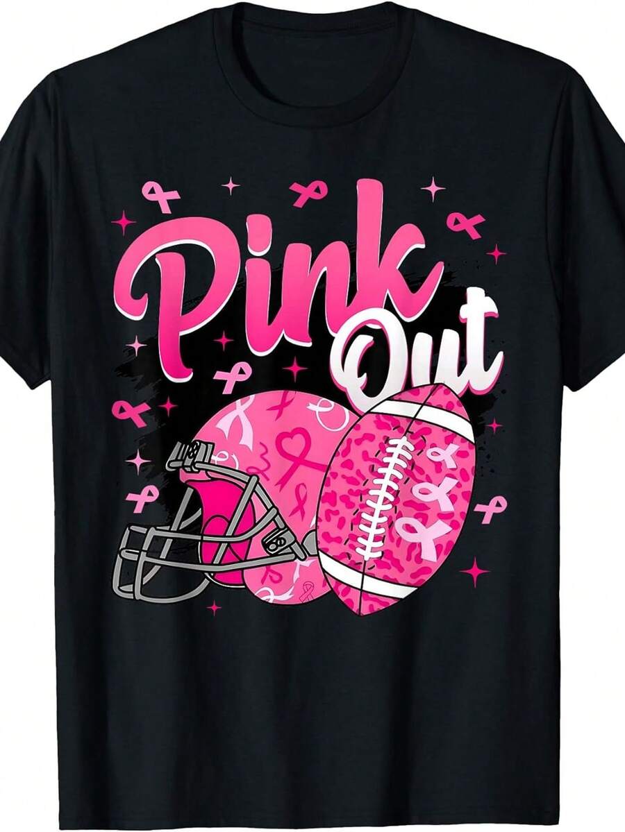 Camiseta de Concienciación sobre el Cáncer de Mamara Mujeres - Diseño Pink Out con Balones y Lazo, 100% Casual Cuello Redondo Manga Corta, Gráficos de Lazo Rosa y Balón para el Día del Partido y Atuendo Casual, uste para Todas las Estaciones para Fanáticos del Fútbol