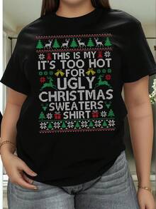 Camiseta casual de manga corta: "Este es el mío, es demasiado caliente para los suéteres de Navidad feos", diseño geométrico, cuello redondo, material ligeramente elástico - Negro - Ver 2