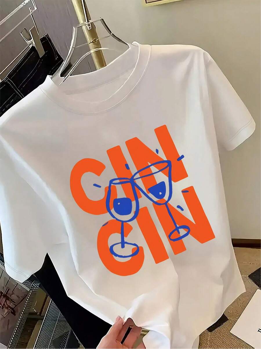 Casual And Women's T-Shirt, Adorned With An Italian Wine Glass Motif And The Letters 'CIN CIN', Soft To The Touch. | Round Neck | Short Sleeves | 100% Soft | All-Season Top | Fashionable | Quick-Drying | Shirt | - White - View 1