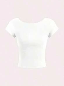 2 piezas Camiseta corta de cuello redondo y espalda descubierta de manga corta, ajustada para mujer, de verano - Multicolor 12 - Ver 3