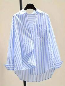 Camisa de manga larga casual con bolsillo en el pecho y estampado de rayas para mujeres, otoño e invierno - Azul - Ver 1