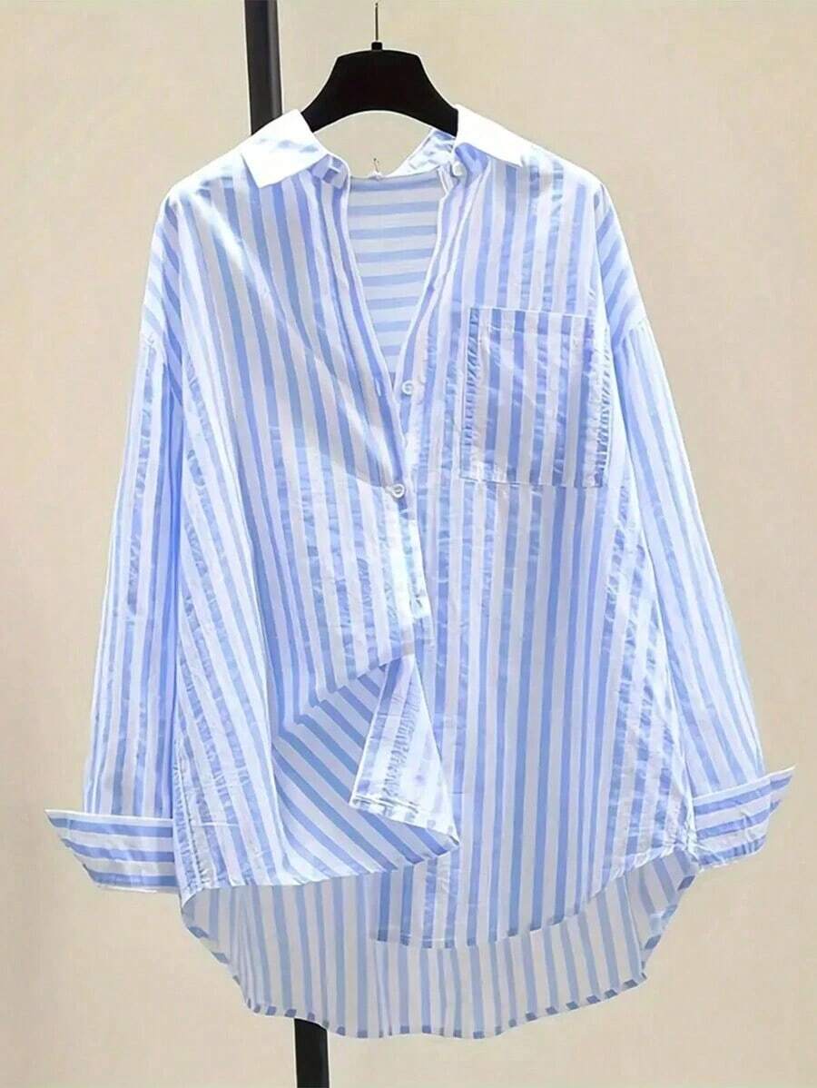 Camisa de manga larga casual con bolsillo en el pecho y estampado de rayas para mujeres, otoño e invierno - Azul - Ver 1
