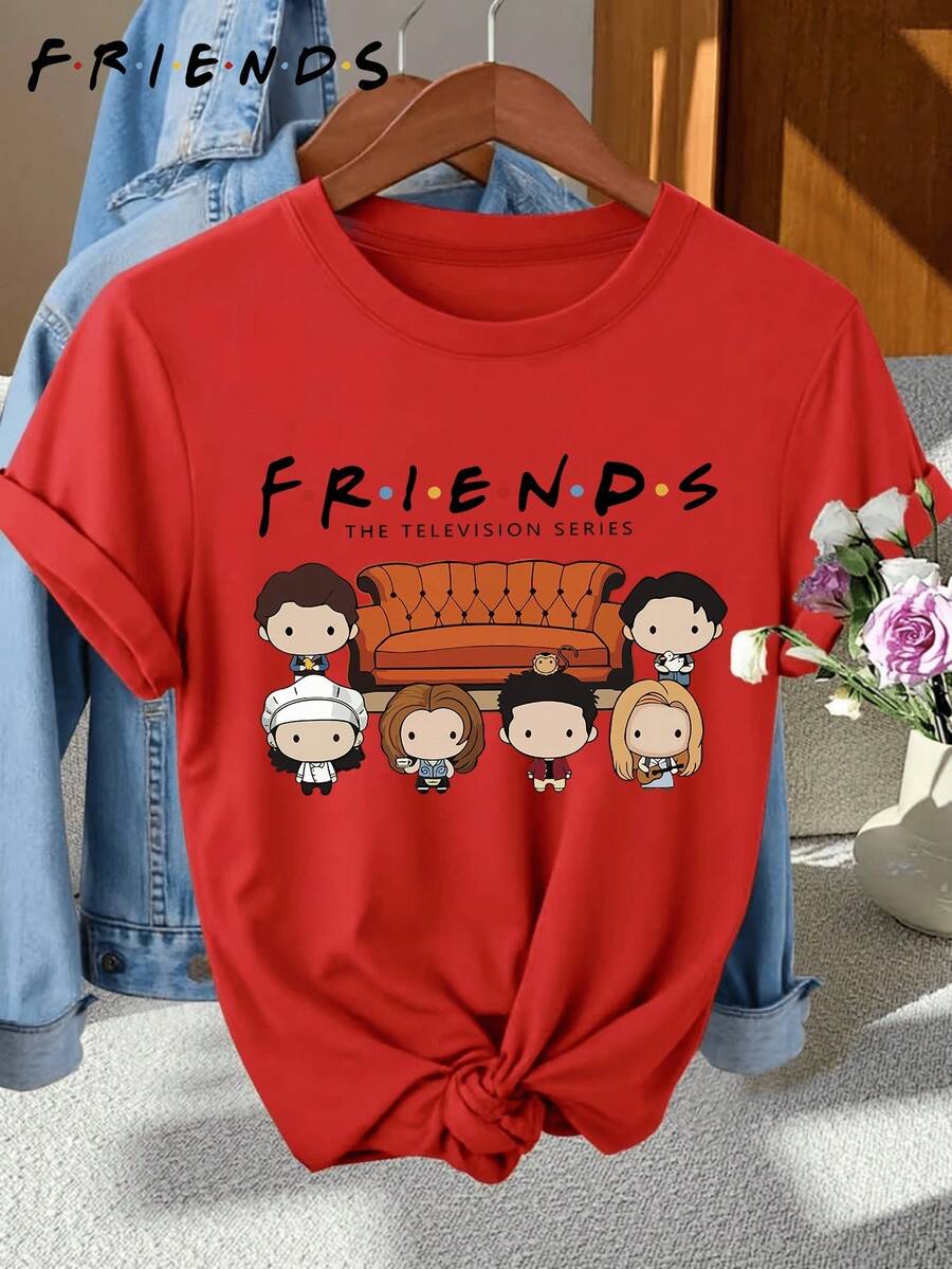 Women's Short-Sleeved T-Shirt From Warner Bros. Friends TV Series, Featuring A Print Of The Protagonist In A Q Version, Casual Round Neck, Suitable For Spring, Summer And Autumn, 100% Women's T-Shirt, Versatile Retro Style For Everyday Wear, Holidays And Fashionable Travel. - 紅色 - 查看 1