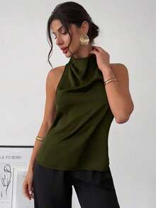 negra ajustada de estilo casual y elegante para la temporada de primavera/verano, con cuello asimétrico, sin mangas, escote halter, espalda descubierta y decoración de lazo - Verde militar - Ver 7