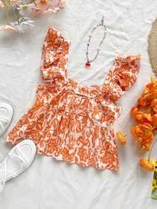 Blusa de corte de línea A con cuello cuadrado, manga corta y estampado retro azul y blanco, adecuada para fiestas, citas, el Día de San Valentín, el té de la tarde - Naranja 2 - Ver 2