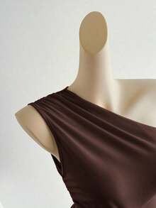 Blusa corta de un hombro con pliegues color albaricoque, minimalista, casual, elegante y versátil para uso diario de mujer, primavera/verano - Marrón - Ver 6