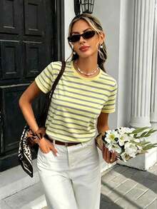 Camiseta casual de mujer de cuello redondo de manga corta a rayas, camiseta a rayas de estilo retro francés de color café, top de manga corta de cuello redondo estilizador y versátil, camiseta básica casual suave y pegajosa, top a rayas, pri - Multicolor 5 - Ver 4