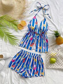 Conjunto de 2 piezas de vacaciones para mujer, top de tirantes con escote en V con textura rojo y shorts sueltos extremadamente cortos, adecuado para citas, fiestas y paseos por la ciudad - Multicolor 2 - Ver 4
