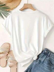 Fashion Printed T‑Shirts for Women, Oversized Streetwear Tops, Comfortable and Stylish All‑Match Summer Tees1 pieza de camiseta gráfica para mujer, regalo de San Valentín, camiseta de verano con estampado gráfico, diseño de postura de yoga y meditación, camiseta de mujer, estampado de personaje en línea simple, camiseta deportiva de manga corta para verano y otoño, moderna, elegante, vintage, holgada, adelgazante, versátil, ropa de mujer para vacaciones, nueva camiseta elegante - algodón, ligera, transpirable, estilo casual, cuello redondo, manga corta, para uso diario. - Blanco - Ver 3
