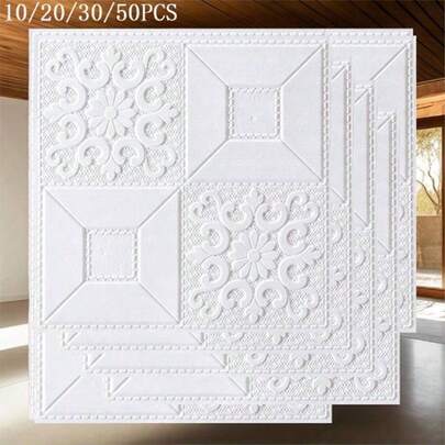 10/20/30/50pcs 35*35cm Self-Adhesive 3D Wall Stickers, White, Living Room Bedroom Wall Renovation Decor, Waterproof Moisture-Proof Wall Paper, Dorm Office Ceiling Decor Foam Wallpaper