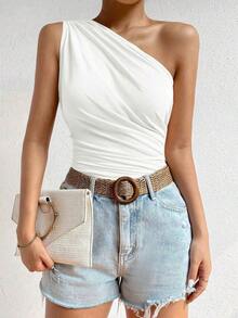 Top corto de mujer de unicolor con pliegues y sin mangas, de moda - Blanco - Ver 6