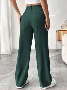 Pantalones De Corte Relajado Con Pierna Recta Plisada De Color Liso Para Mujer - Verde - Ver 2