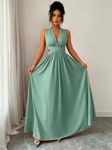 Elegante vestido sin mangas con cuello en V, diseño hueco en la cintura y pliegues, color morado, nueva llegada de primavera/verano - Turquesa - Ver 4