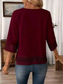 Blusa blanca elegante de talla grande para mujer con adorno de encaje a crochet, de longitud regular para primavera - Rojo azufaifo - Ver 3
