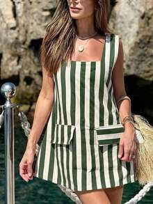 Conjunto de vacaciones para mujer: Vestido mini casual de playa de estilo bohemio con parches a rayas, elegante para el verano - Verde - Ver 6