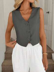Chaleco negro, chaqueta fina, blusa de oficina para mujer - Gris - Ver 7
